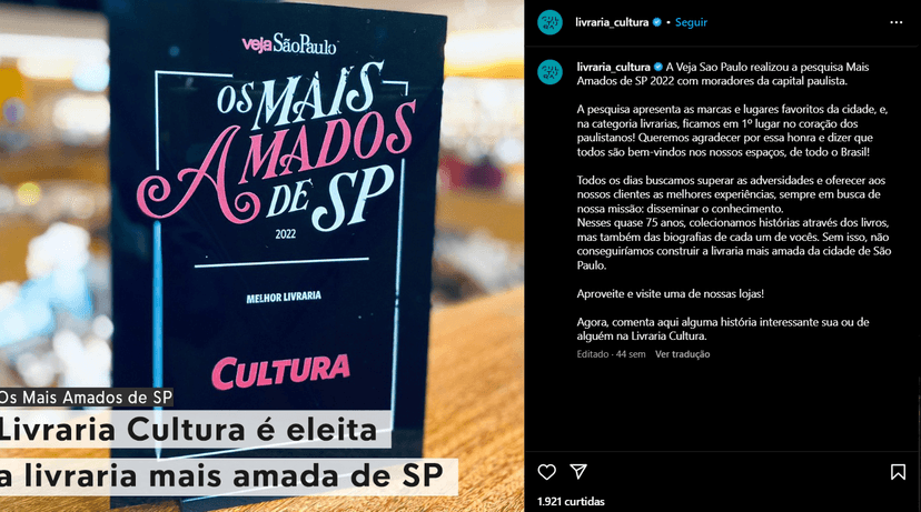 Livraria Cultura foi considerada pela Veja como o um dos lugares mais amados de São Paulo (Foto Reprodução/Internet) Livraria Cultura foi considerada pela Veja como o um dos lugares mais amados de São Paulo (Foto Reprodução/Internet)