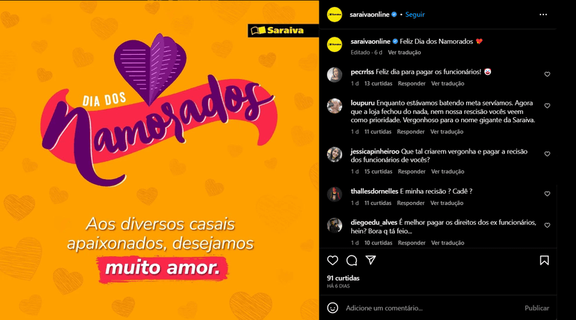 Funcionários da Saraiva reivindicam pagamentos (Foto Reprodução/Instagram) Funcionários da Saraiva reivindicam pagamentos (Foto Reprodução/Instagram)