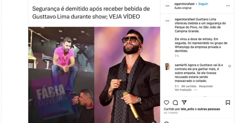 Gusttavo Lima dá bebida para segurança, que é demitido (Foto: Reprodução / Instagram) Gusttavo Lima dá bebida para segurança, que é demitido (Foto: Reprodução / Instagram)