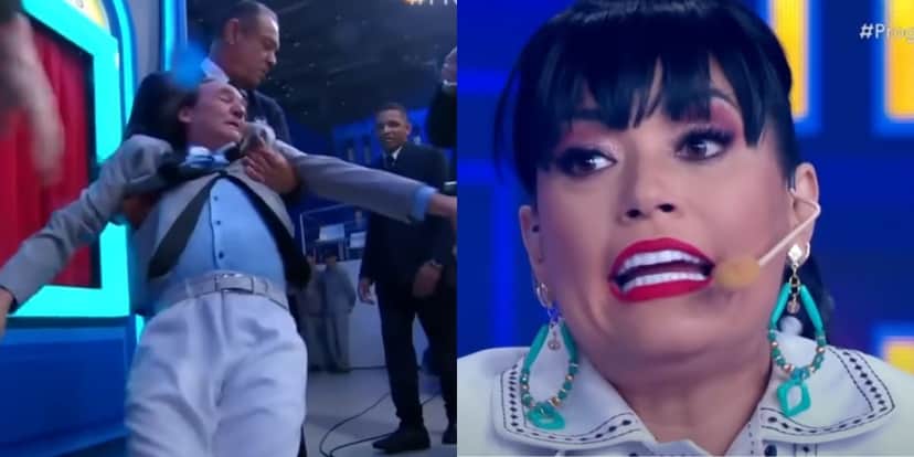 Milene Pavorô Brava e Marquito sendo carregado (Reprodução - SBT) Milene Pavorô Brava e Marquito sendo carregado (Reprodução - SBT)