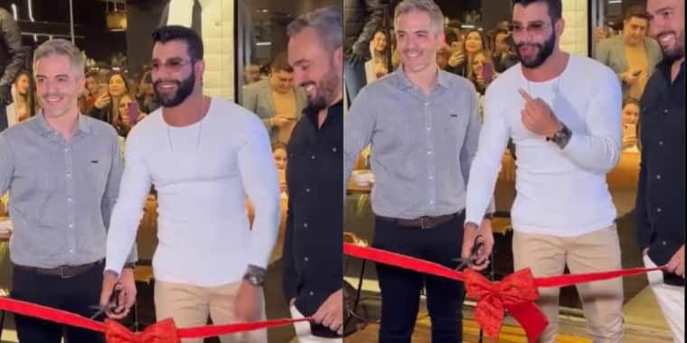 Gusttavo Lima inaugurando a sua primeira loja física da marca de roupas (Foto Reprodução/Montagem/TV Foco) Gusttavo Lima inaugurando a sua primeira loja física da marca de roupas (Foto Reprodução/Montagem/TV Foco)