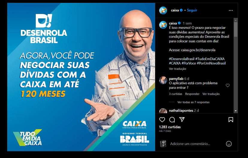 Publicação da Caixa sobre o Desenrola Brasil (Foto Reprodução/Instagram) Publicação da Caixa sobre o Desenrola Brasil (Foto Reprodução/Instagram)