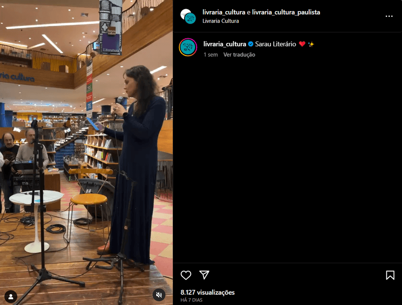 Publicação da Livraria Cultura sobre o Sarau realizado (Foto Reprodução/Instagram) Publicação da Livraria Cultura sobre o Sarau realizado (Foto Reprodução/Instagram)