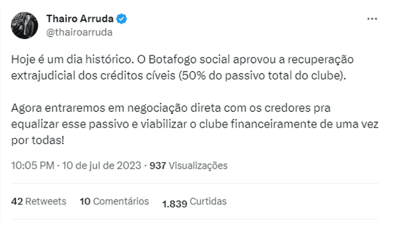 Postagem de Thairo Arruda sobre a recuperação do Botafogo (Foto Reprodução/Twiter) Postagem de Thairo Arruda sobre a recuperação do Botafogo (Foto Reprodução/Twiter)