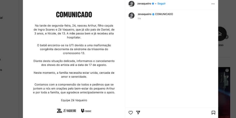 Comunicado assessoria de sertanejo (Foto: Reprodução / Instagram) Comunicado assessoria de sertanejo (Foto: Reprodução / Instagram)