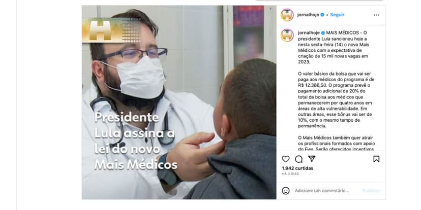 Nova lei do programa Mais Médicos (Foto: Reprodução / Instagram) Nova lei do programa Mais Médicos (Foto: Reprodução / Instagram)