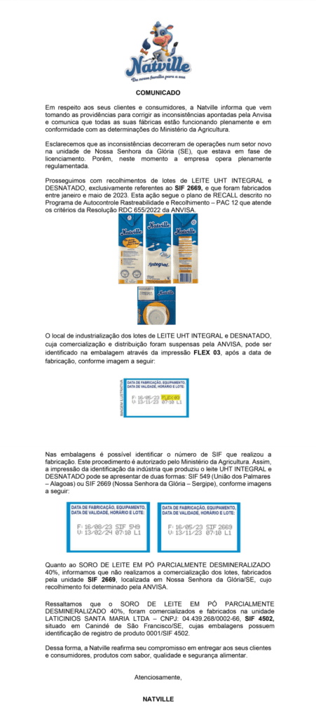Nota da Natville (Reprodução - Site oficial) Nota da Natville (Reprodução - Site oficial)