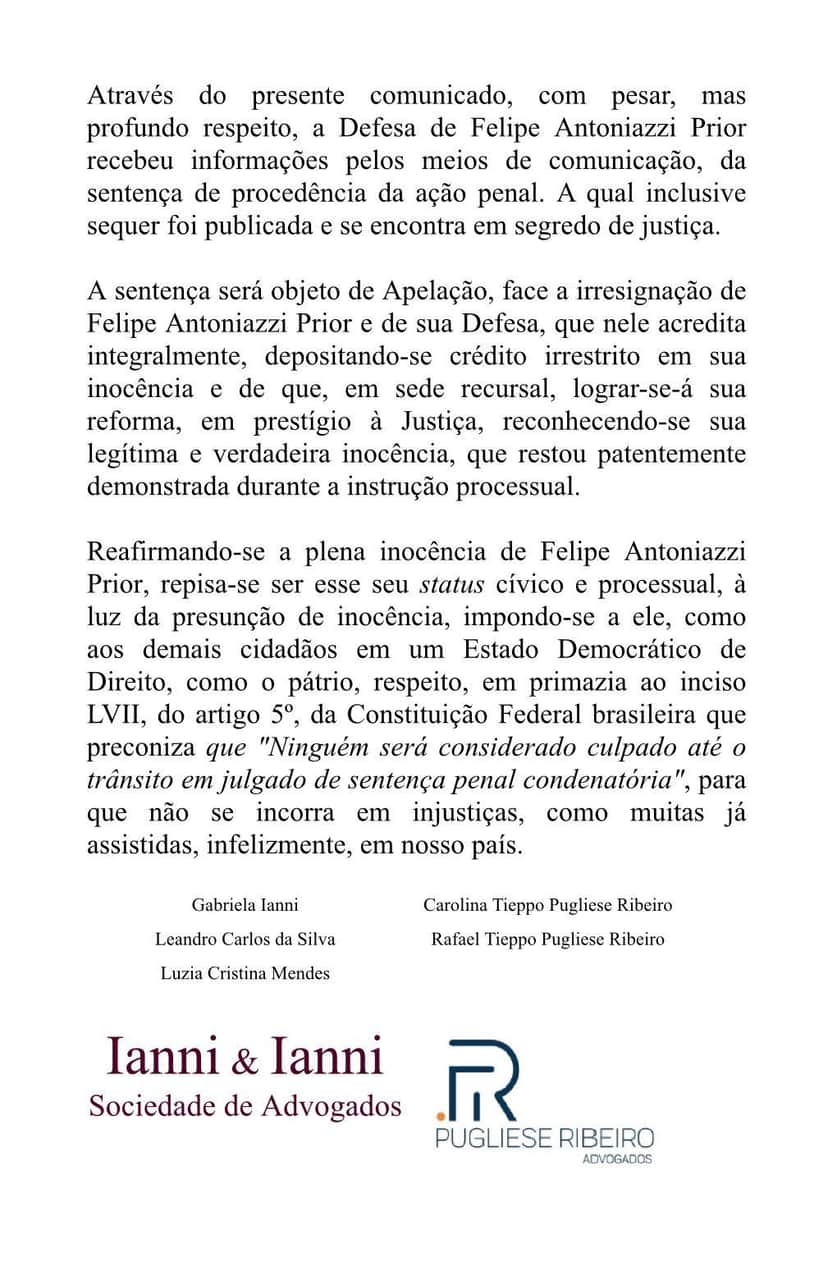 Nota do advogado de Felipe Prior (Foto: Reprodução / Instagram) Nota do advogado de Felipe Prior (Foto: Reprodução / Instagram)