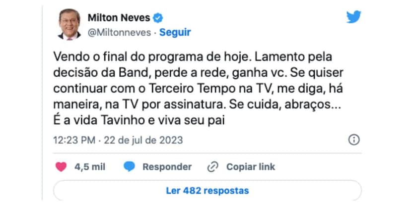 Recado de Milton Neves (Foto: Reprodução / Twitter) 