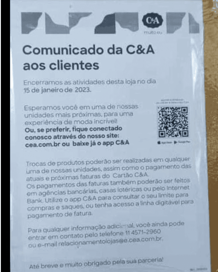 Comunicado da C&A anunciando fechamento de loja - Foto: Reprodução/Internet Comunicado da C&A anunciando fechamento de loja - Foto: Reprodução/Internet