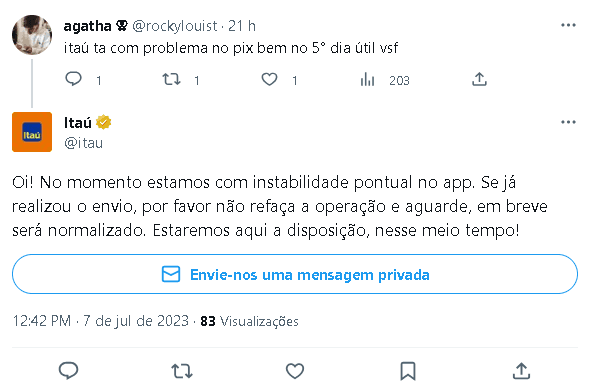 Aplicativo do Itaú passou por instabilidade no pix (Foto: Reprodução/ Twitter) Aplicativo do Itaú passou por instabilidade no pix (Foto: Reprodução/ Twitter)