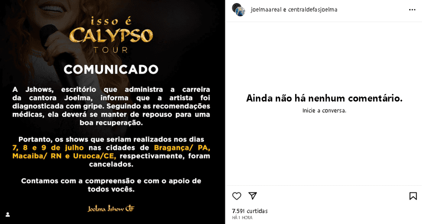 Assessoria de imprensa de Joelma confirmou o cancelamento dos shows (Foto: Reprodução/ Instagram) Assessoria de imprensa de Joelma confirmou o cancelamento dos shows (Foto: Reprodução/ Instagram)