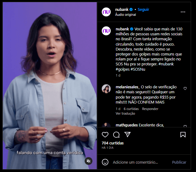 Nubank faz alerta sobre golpes (Foto: Reprodução, Instagram) Nubank faz alerta sobre golpes (Foto: Reprodução, Instagram)