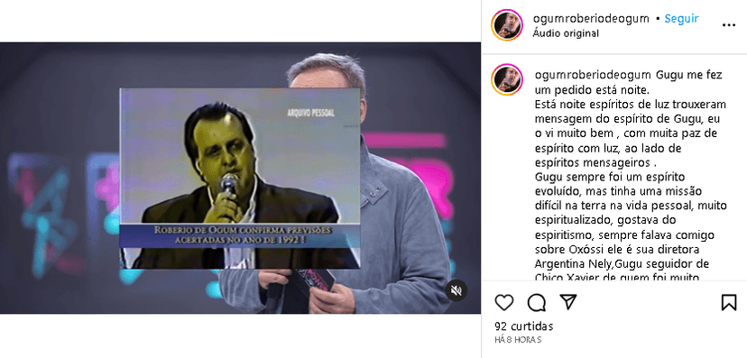 Vidente revelou contato com espírito de Gugu Liberato (Foto: Reprodução/ Instagram) Vidente revelou contato com espírito de Gugu Liberato (Foto: Reprodução/ Instagram)