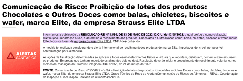 Comunicado da Anvisa sobre a proibição feita dos produtos da marca Elite (Foto Reprodução/Prefeitura de Florianópolis) Comunicado da Anvisa sobre a proibição feita dos produtos da marca Elite (Foto Reprodução/Prefeitura de Florianópolis)