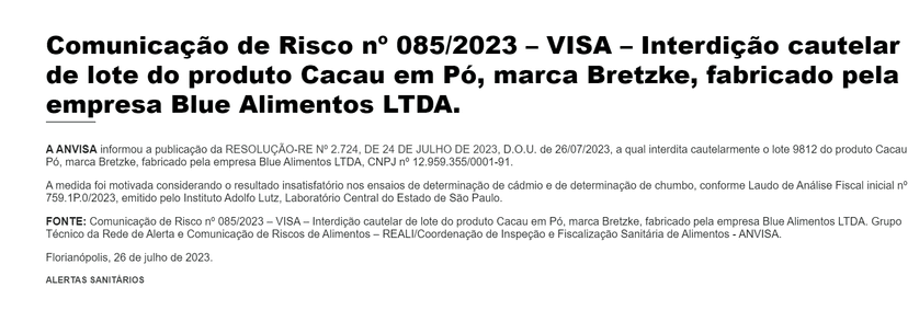 Comunicado da Anvisa (Foto Reprodução/Prefeitura de Florianópolis) Comunicado da Anvisa (Foto Reprodução/Prefeitura de Florianópolis)
