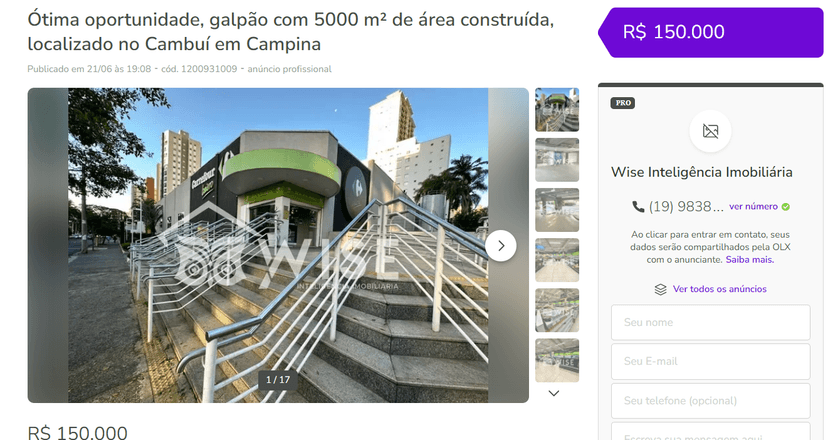 Anúncio da venda do imóvel aonde ficava localizado o Carrefour Cambuí (Foto Reprodução/OLX) Anúncio da venda do imóvel aonde ficava localizado o Carrefour Cambuí (Foto Reprodução/OLX)