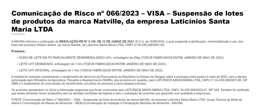 Comunicado OFICIAL da Anvisa quanto a suspensão do produtos da marca Natville (Foto Reprodução/Internet) Comunicado OFICIAL da Anvisa quanto a suspensão do produtos da marca Natville (Foto Reprodução/Internet)
