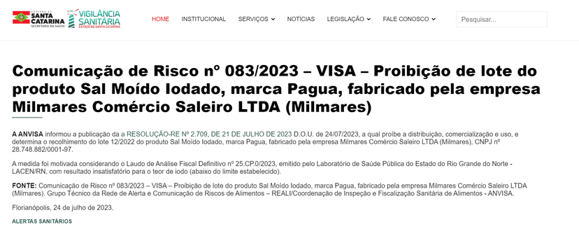 Comunicado da Anvisa a respeito do sal Paguá, da marca Milmares (Foto Reprodução/Prefeitura de Santa Catarina) Comunicado da Anvisa a respeito do sal Paguá, da marca Milmares (Foto Reprodução/Prefeitura de Santa Catarina)