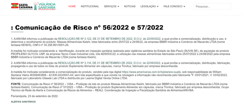 Comunicado oficial da Anvisa (Foto Reprodução/Prefeitura de Santa Catarina) Comunicado oficial da Anvisa (Foto Reprodução/Prefeitura de Santa Catarina)