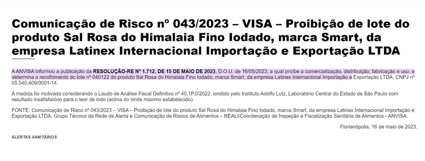 Comunicado oficial de proibição da ANVISA (Foto Reprodução/Prefeitura de Santa Catarina) Comunicado oficial de proibição da ANVISA (Foto Reprodução/Prefeitura de Santa Catarina)