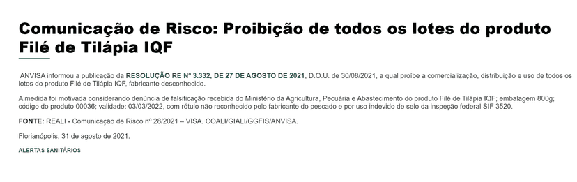Comunicado oficial da Anvisa emitido no ano de 2021 sobre marca de peixe tipo Tilápia IQF (Foto Reprodução/Prefeitura de Florianópolis) Comunicado oficial da Anvisa emitido no ano de 2021 sobre marca de peixe tipo Tilápia IQF (Foto Reprodução/Prefeitura de Florianópolis)