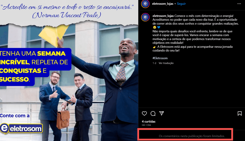 Publicação da Eletrosom no Instagram tem a aba de comentários desativados (Foto Reprodução/Instagram) Publicação da Eletrosom no Instagram tem a aba de comentários desativados (Foto Reprodução/Instagram)