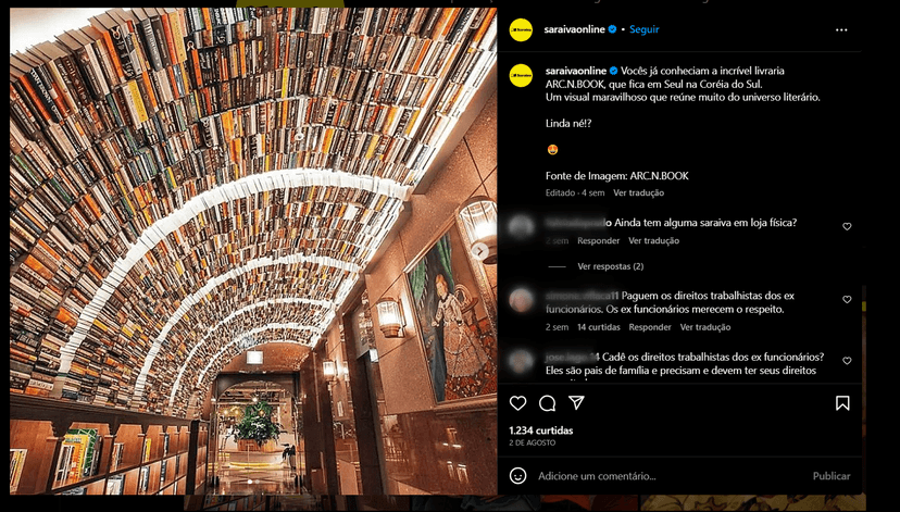 Ex funcionários e clientes questionam a situação atual da Saraiva por meio dos comentários das publicações feitas pela própria varejista nas redes sociais (Foto Reprodução/Instagram) Ex funcionários e clientes questionam a situação atual da Saraiva por meio dos comentários das publicações feitas pela própria varejista nas redes sociais (Foto Reprodução/Instagram)