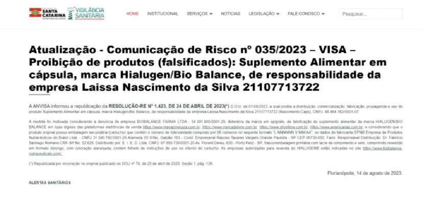 Comunicado da ANVISA (Foto: Reprodução/ Internet) Comunicado da ANVISA (Foto: Reprodução/ Internet)