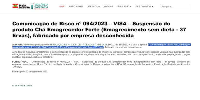 Aviso de proibição da Anvisa sobre marca de chás (Foto: Reprodução/Vigilância Sanitária SC) Aviso de proibição da Anvisa sobre marca de chás (Foto: Reprodução/Vigilância Sanitária SC)