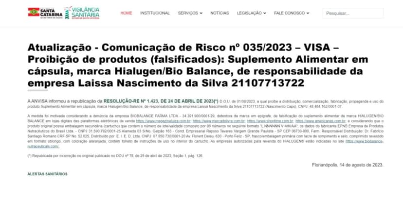 Comunicado da Anvisa (Foto: Reprodução/Vigilância Sanitária SC) Comunicado da Anvisa (Foto: Reprodução/Vigilância Sanitária SC)