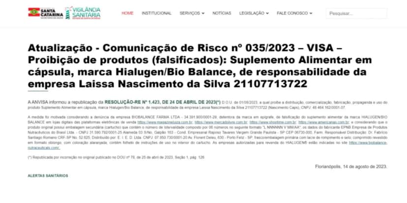 Comunicado da Anvisa (Foto: Reprodução/Vigilância Sanitária SC) Comunicado da Anvisa (Foto: Reprodução/Vigilância Sanitária SC)