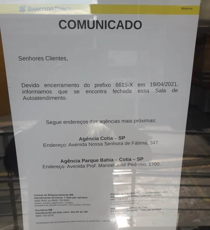Comunicado de fechamento de agência do Banco do Brasil - Foto: Reprodução/Internet Comunicado de fechamento de agência do Banco do Brasil - Foto: Reprodução/Internet