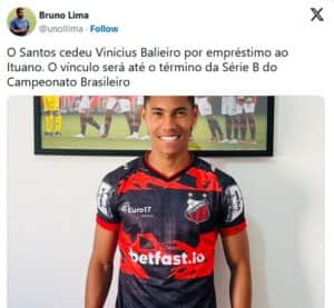 Vinícius Balieiro foi cedido e não jogará pelo Peixe (Foto: Reprodução / Twitter) Vinícius Balieiro foi cedido e não jogará pelo Peixe (Foto: Reprodução / Twitter)