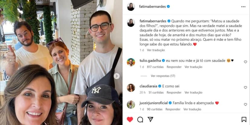 Fátima Bernardes com Túlio, Thalita, Vinícius e Laura (Foto: Reprodução/Instagram) Fátima Bernardes com Túlio, Thalita, Vinícius e Laura (Foto: Reprodução/Instagram)