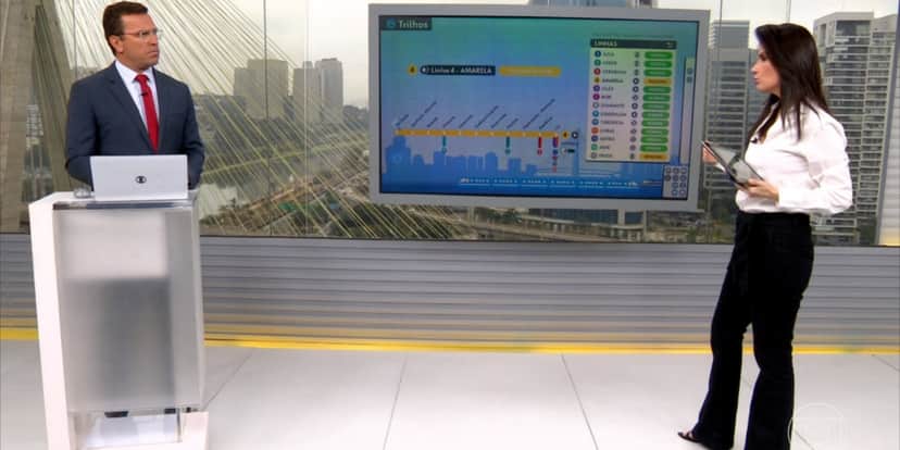 Rodrigo Bocardi e Sabina Simonato informaram que apagão atingiu metrôs de São Paulo (Foto: Reprodução/TV Globo) Rodrigo Bocardi e Sabina Simonato informaram que apagão atingiu metrôs de São Paulo (Foto: Reprodução/TV Globo)