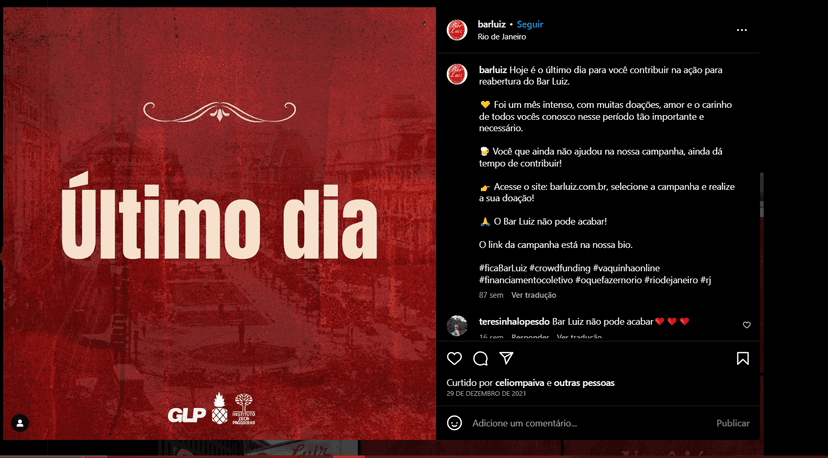 Anúncio do último dia do Bar Luiz nas redes sociais (Foto Reprodução/Instagram) Anúncio do último dia do Bar Luiz nas redes sociais (Foto Reprodução/Instagram)