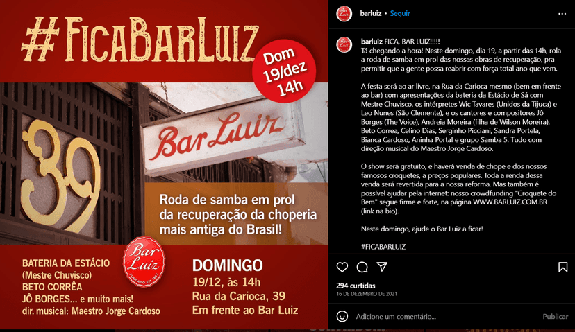Foi movimentada uma ação solidária pela permanência do Bar Luiz (Foto Reprodução/Instagram) Foi movimentada uma ação solidária pela permanência do Bar Luiz (Foto Reprodução/Instagram)
