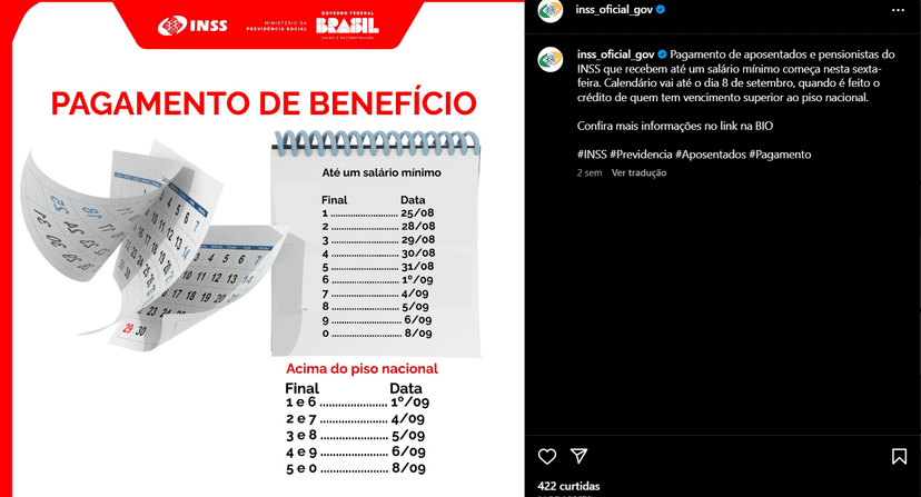 Datas dos pagamentos divulgadas pelo INSS através das suas redes sociais (Foto Reprodução/Internet) Datas dos pagamentos divulgadas pelo INSS através das suas redes sociais (Foto Reprodução/Internet)