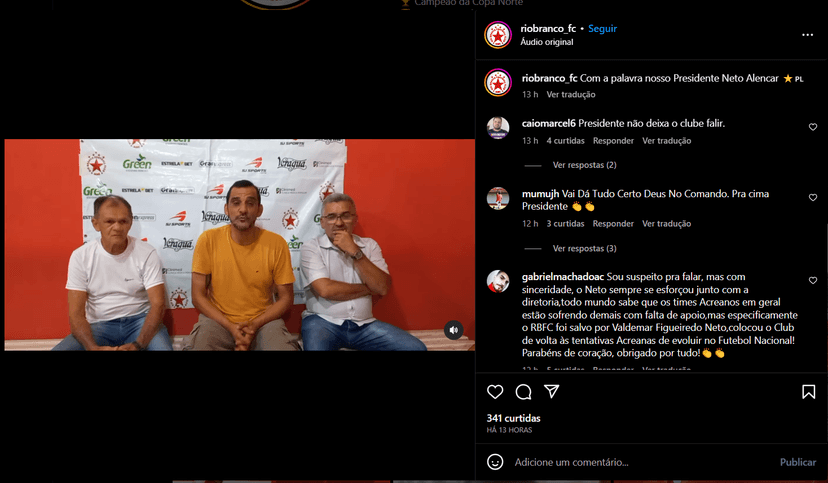 Depoimento do Presidente do time expondo a situação através das redes sociais (Foto Reprodução/Instagram) Depoimento do Presidente do time expondo a situação através das redes sociais (Foto Reprodução/Instagram)