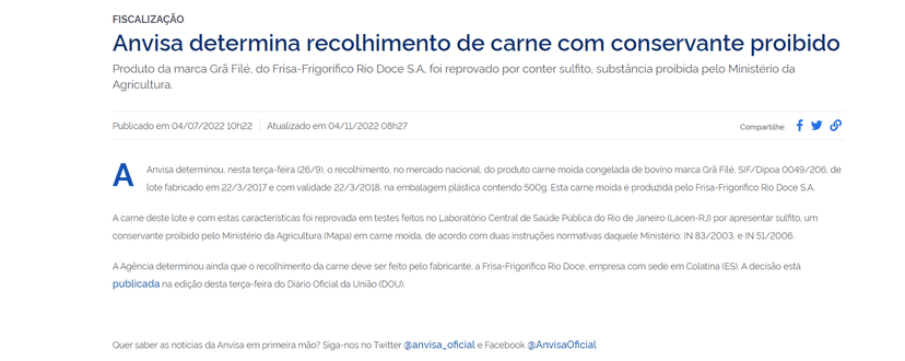 Comunicado da ANVISA a respeito da proibição da marca de carne moída Grã Filé no ano de 2017 (Foto Reprodução/ANVISA/Gov) Comunicado da ANVISA a respeito da proibição da marca de carne moída Grã Filé no ano de 2017 (Foto Reprodução/ANVISA/Gov)