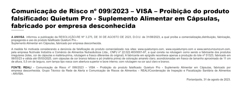 Nota oficial da ANVISA (Foto Reprodução/Vigilância Sanitária) Nota oficial da ANVISA (Foto Reprodução/Vigilância Sanitária)