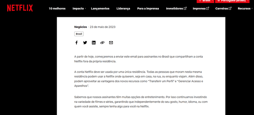 O comunicado oficial da Netflix (Foto Reprodução/Internet) O comunicado oficial da Netflix (Foto Reprodução/Internet)