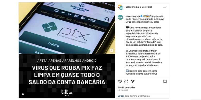 Notícia sobre golpe do PIX (Foto: Reprodução / Instagram) Notícia sobre golpe do PIX (Foto: Reprodução / Instagram)