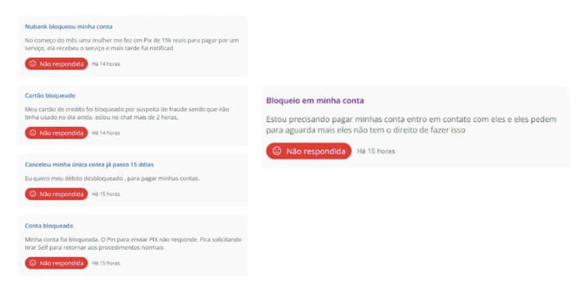 Reclamações envolvendo bloqueio de conta (Foto: Reprodução / Reclame Aqui) Reclamações envolvendo bloqueio de conta (Foto: Reprodução / Reclame Aqui)