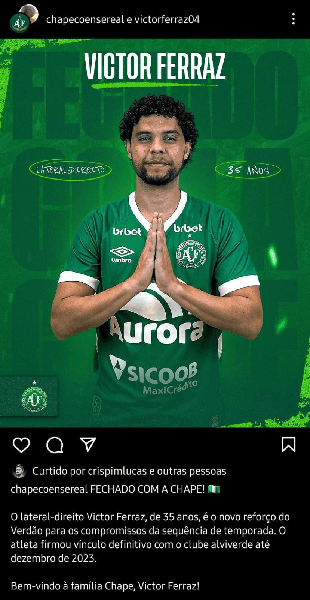 Victor Ferraz apresentado na Chapecoense (Foto: Reprodução/ Internet) Victor Ferraz apresentado na Chapecoense (Foto: Reprodução/ Internet)