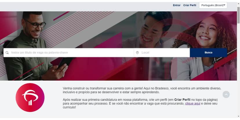 Print do site de carreiras do Bradesco com a barra de buscas. (Foto: Reprodução / Internet) Print do site de carreiras do Bradesco com a barra de buscas. (Foto: Reprodução / Internet)