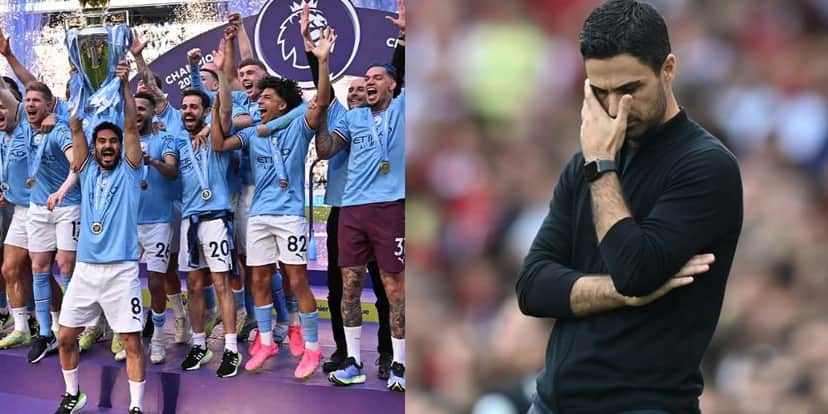 Manchester City campeão e Mikel Arteta desolado - (Foto: Internet - Montagem Tv Foco) Manchester City campeão e Mikel Arteta desolado - (Foto: Internet - Montagem Tv Foco)