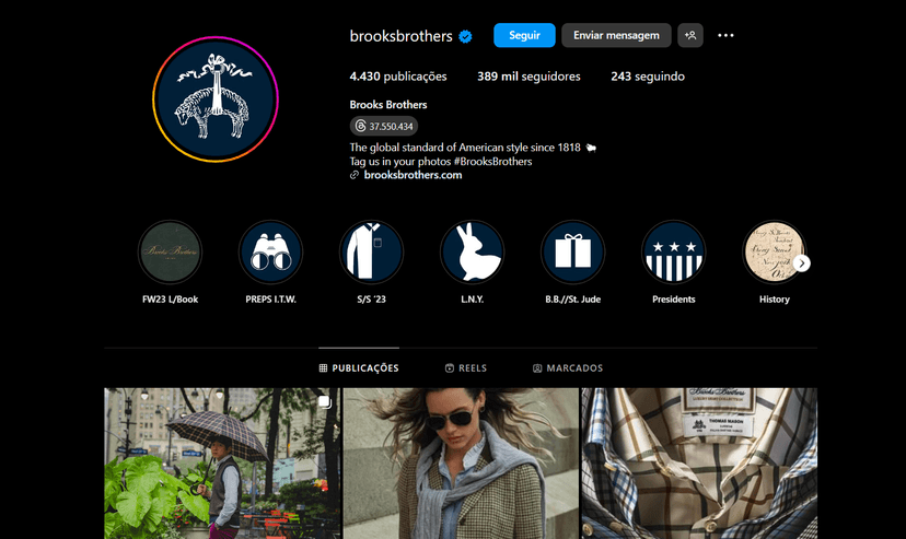Perfil oficial da Brooks Brothers (Foto Reprodução/Instagram) Perfil oficial da Brooks Brothers (Foto Reprodução/Instagram)