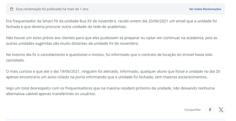 Reclamação de um cliente da unidade fechada da Smartfit (Foto Reprodução/Reclame Aqui) Reclamação de um cliente da unidade fechada da Smartfit (Foto Reprodução/Reclame Aqui)